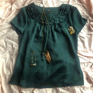 Talbots Teal Blouse with Embellished Neckline